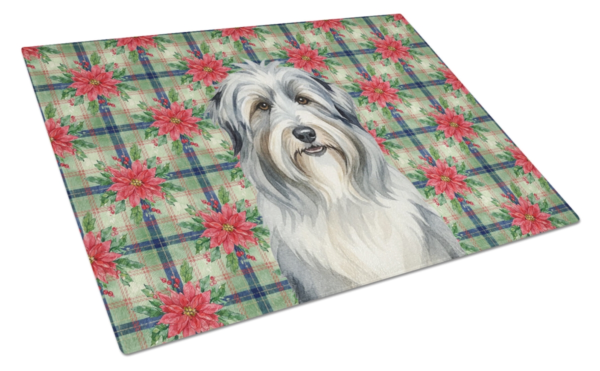 Picture of Carolines Treasures WDK8503LCB Unisex Adult Bearded Collie Christmas Poinsettias Glass Cutting Board - 15 x 12 in.