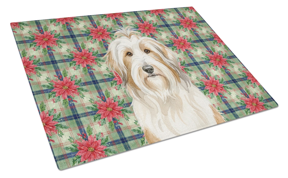Picture of Carolines Treasures WDK8505LCB Unisex Adult White & Tan Bearded Collie Christmas Poinsettias Glass Cutting Board - 15 x 12 in.