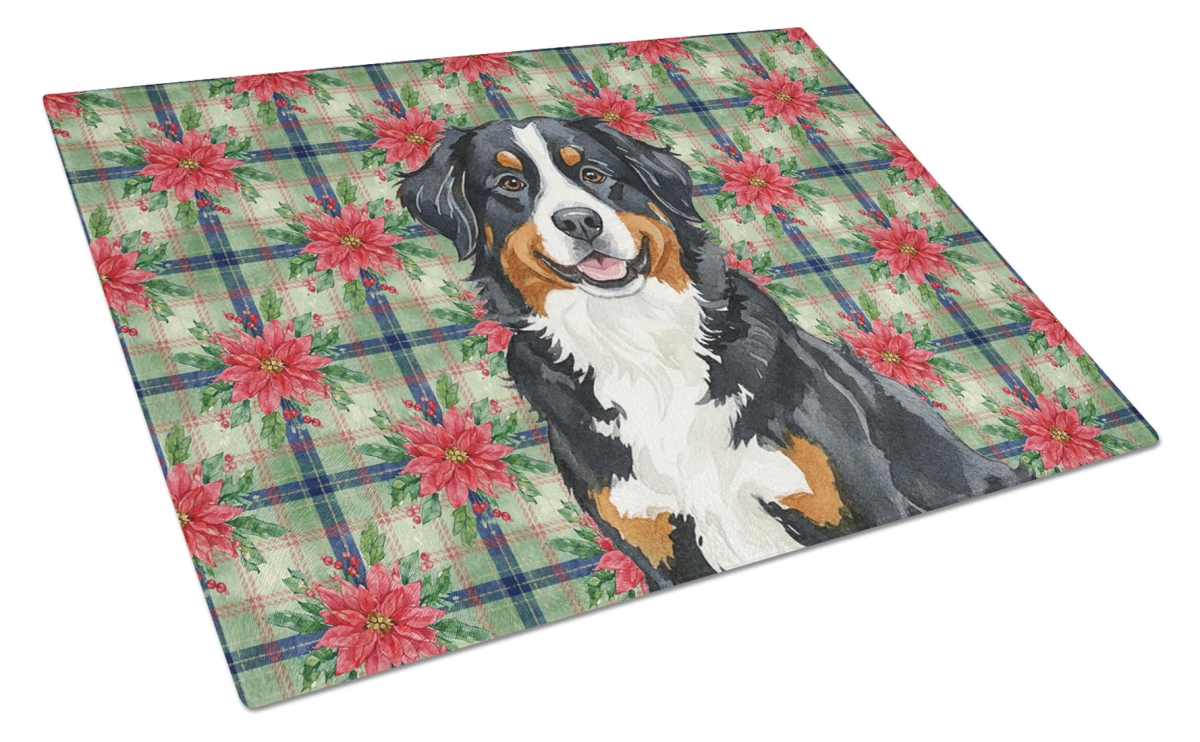 Picture of Carolines Treasures WDK8513LCB Unisex Adult Bernese Mountain Dog Christmas Poinsettias Glass Cutting Board - 15 x 12 in.