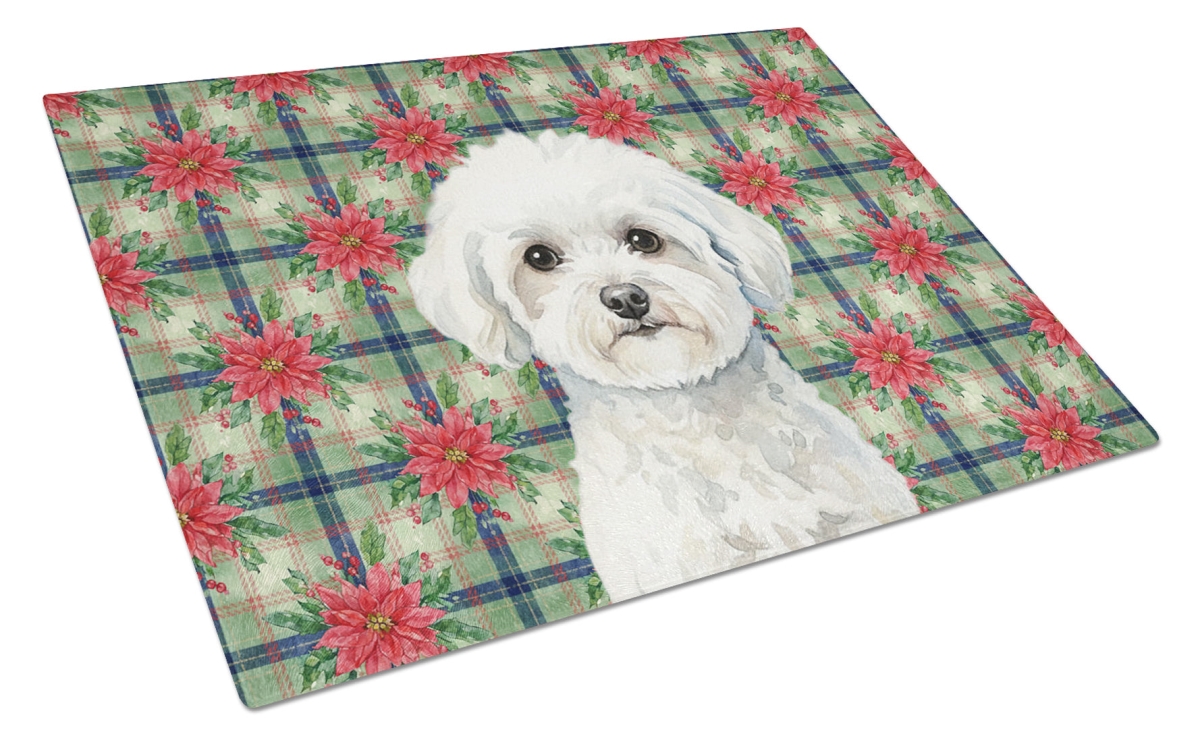 Picture of Carolines Treasures WDK8514LCB Unisex Adult Bichon Frise Christmas Poinsettias Glass Cutting Board - 15 x 12 in.