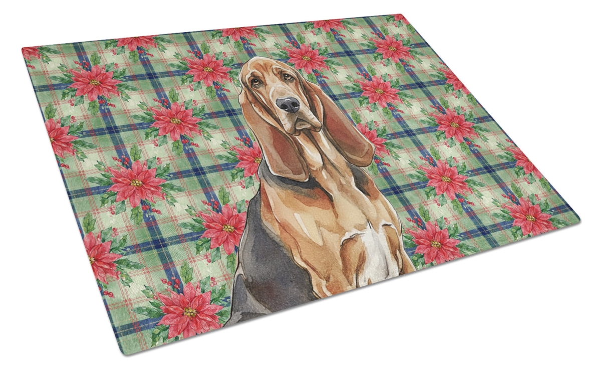 Picture of Carolines Treasures WDK8518LCB Unisex Adult Liver & Tan Bloodhound Christmas Poinsettias Glass Cutting Board - 15 x 12 in.