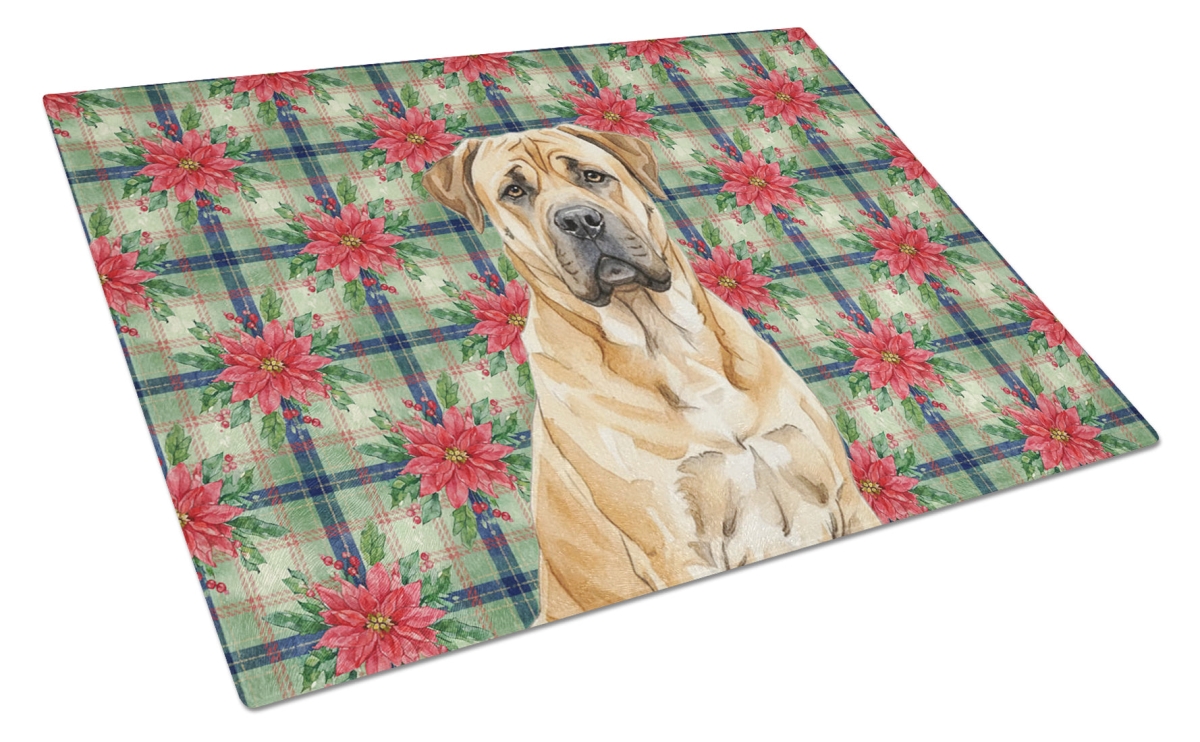 Picture of Carolines Treasures WDK8521LCB Unisex Adult Fawn Boerboel Christmas Poinsettias Glass Cutting Board - 15 x 12 in.