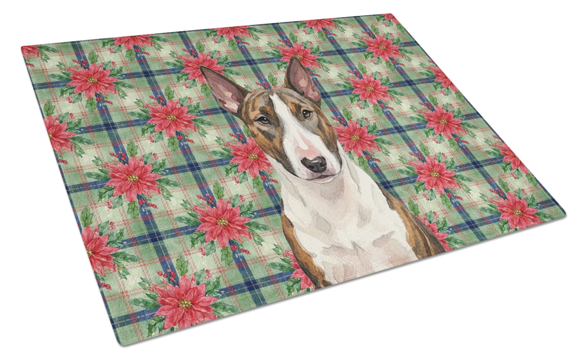 Picture of Carolines Treasures WDK8549LCB Unisex Adult Brindle & White Bull Terrier Christmas Poinsettias Glass Cutting Board - 15 x 12 in.