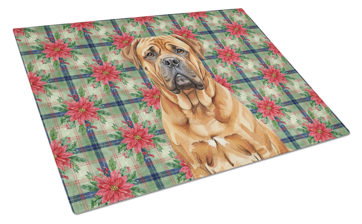 Picture of Carolines Treasures WDK8554LCB Unisex Adult Red Bullmastiff Christmas Poinsettias Glass Cutting Board - 15 x 12 in.
