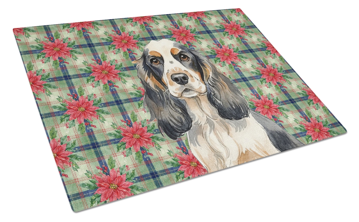 Picture of Carolines Treasures WDK8584LCB Unisex Adult Parti Cocker Spaniel Christmas Poinsettias Glass Cutting Board - 15 x 12 in.