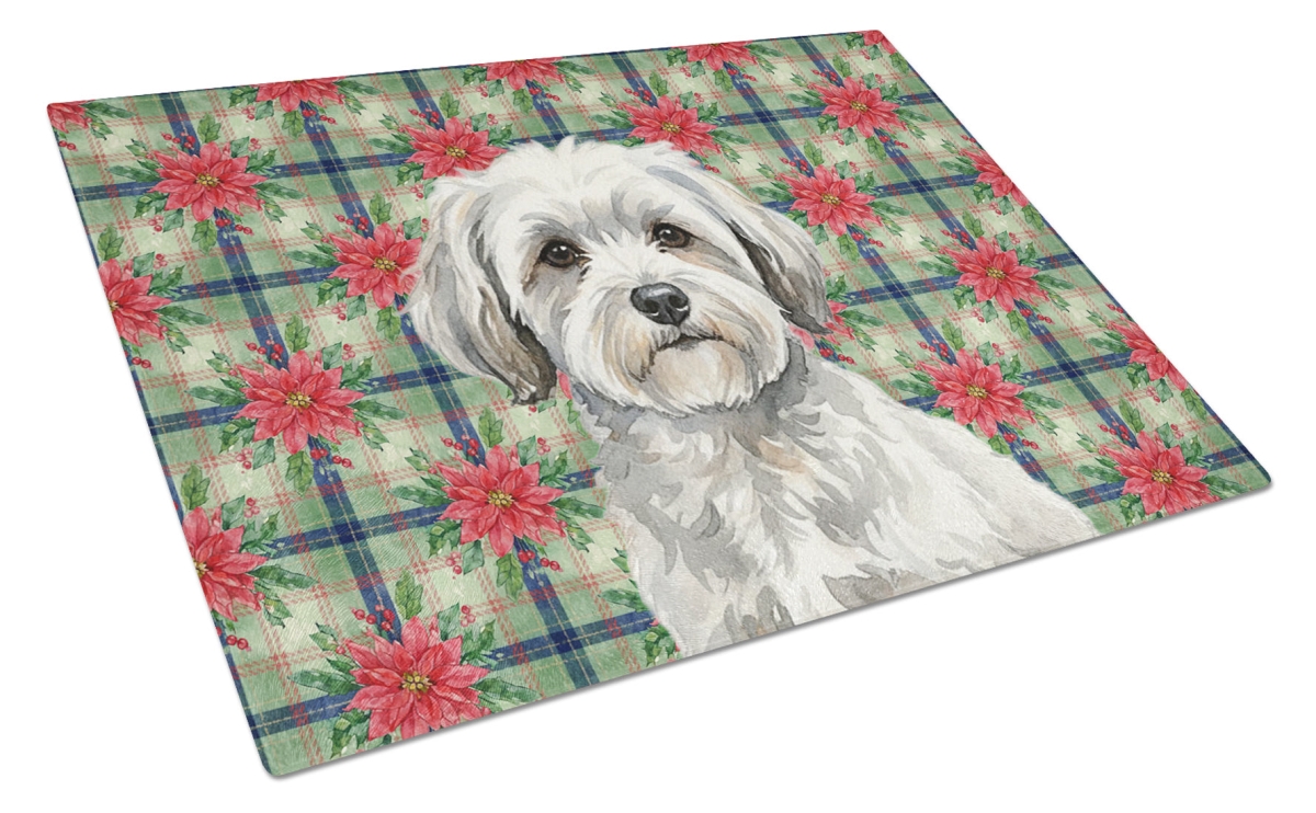 Picture of Carolines Treasures WDK8590LCB Unisex Adult White with Gray Coton De Tulear Christmas Poinsettias Glass Cutting Board - 15 x 12 in.