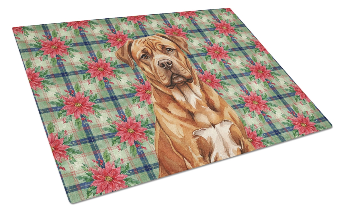 Picture of Carolines Treasures WDK8613LCB Unisex Adult Mahogany Dogue De Bordeaux Christmas Poinsettias Glass Cutting Board - 15 x 12 in.