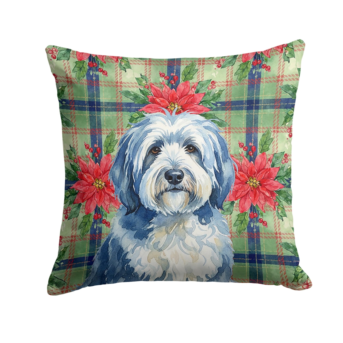 WDK8736PW1414 Unisex Adult Blue & White Old English Sheepdog Christmas Poinsettias Throw Pillow - 14 x 14 in.