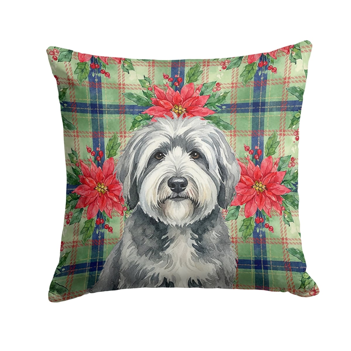 WDK8737PW1414 Unisex Adult Gray & White Old English Sheepdog Christmas Poinsettias Throw Pillow - 14 x 14 in.