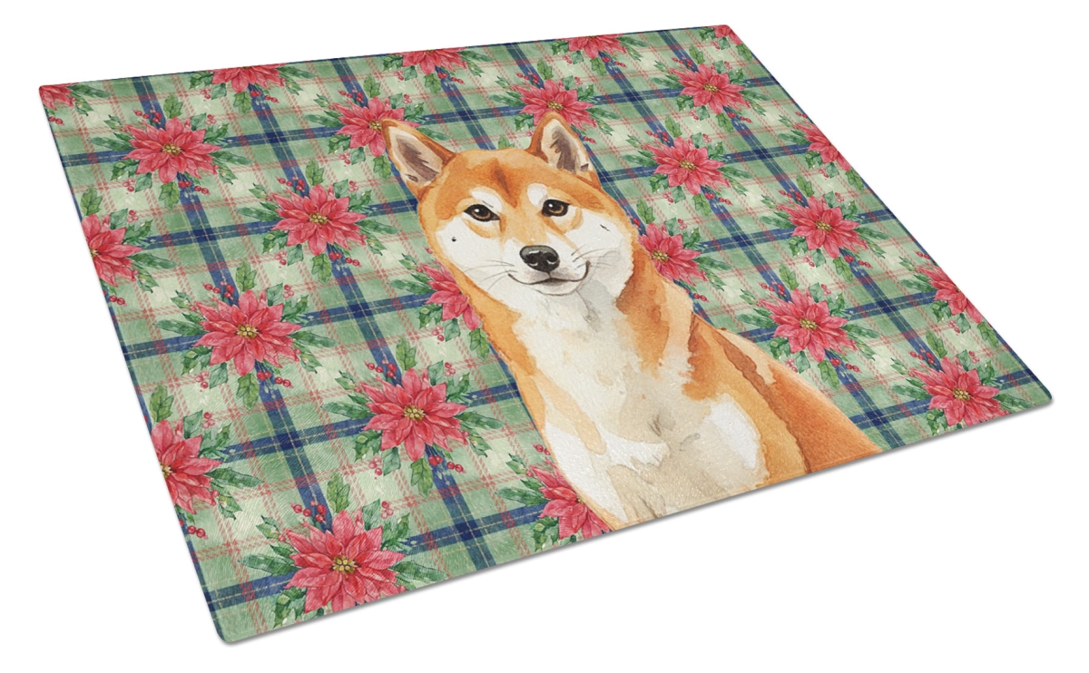Picture of Carolines Treasures WDK8815LCB Unisex Adult Red Shiba Inu Christmas Poinsettias Glass Cutting Board - 15 x 12 in.