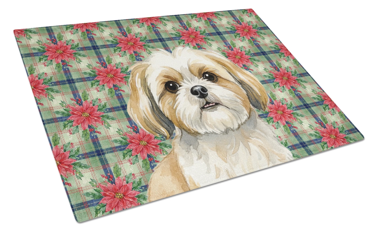 Picture of Carolines Treasures WDK8818LCB Unisex Adult Gold & White Shih Tzu Christmas Poinsettias Glass Cutting Board - 15 x 12 in.