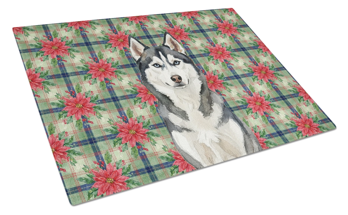 Picture of Carolines Treasures WDK8821LCB Unisex Adult Siberian Husky Christmas Poinsettias Glass Cutting Board - 15 x 12 in.