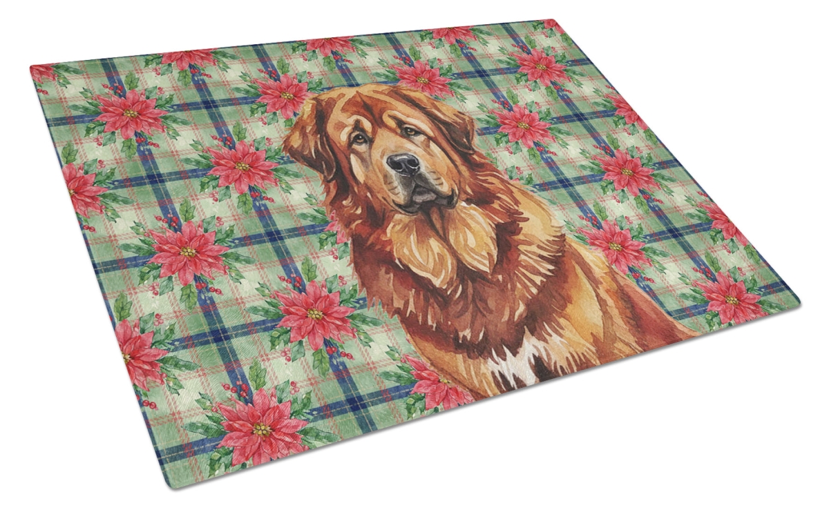 Picture of Carolines Treasures WDK8836LCB Unisex Adult Red Gold Tibetan Mastiff Christmas Poinsettias Glass Cutting Board - 15 x 12 in.