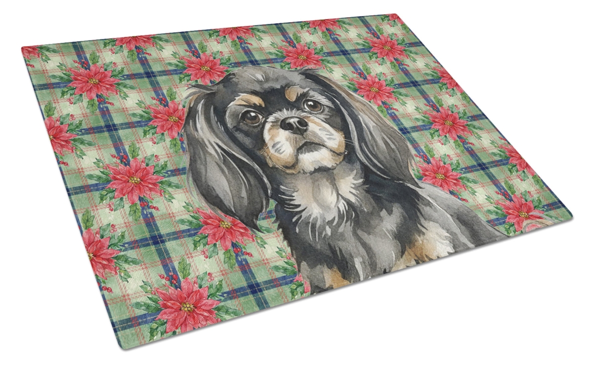 Picture of Carolines Treasures WDK8837LCB Unisex Adult Black & Tan Tibetan Spaniel Christmas Poinsettias Glass Cutting Board - 15 x 12 in.