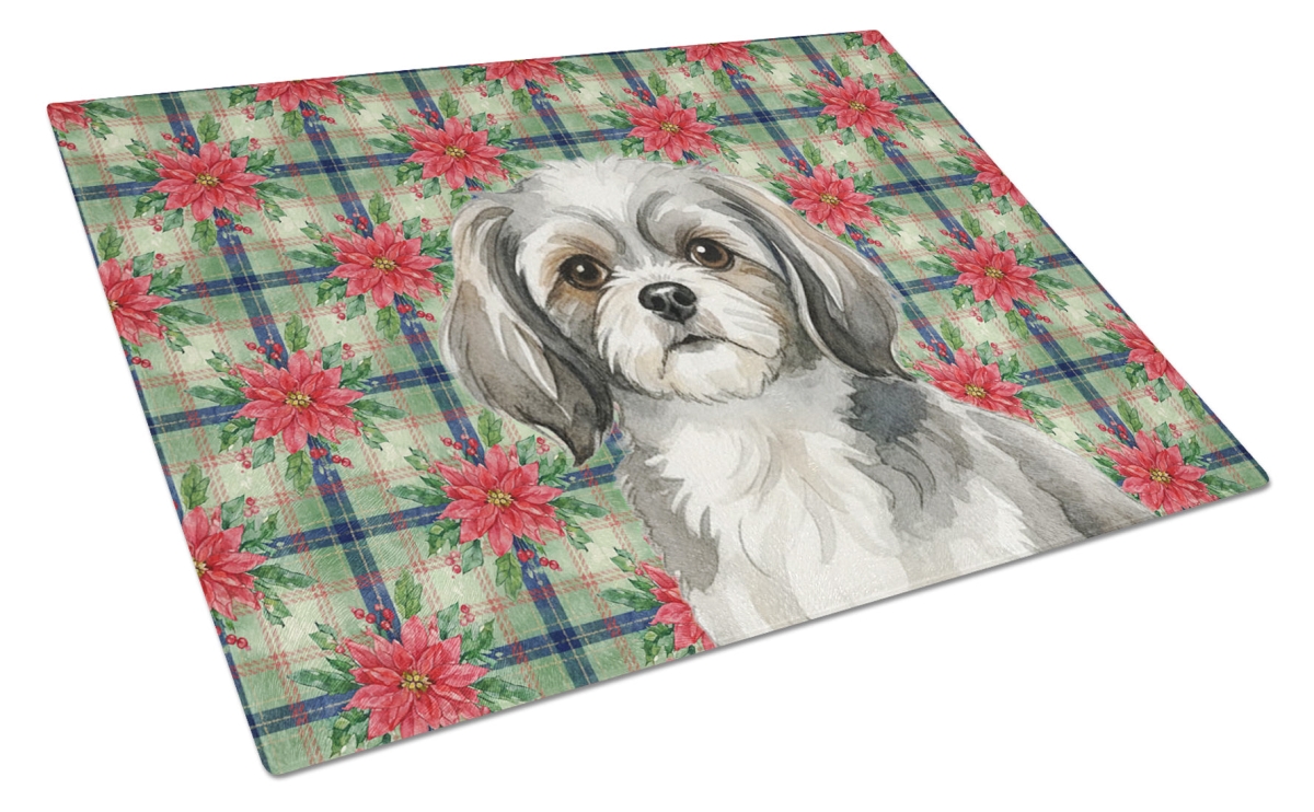 Picture of Carolines Treasures WDK8841LCB Unisex Adult Grey & White Tibetan Spaniel Christmas Poinsettias Glass Cutting Board - 15 x 12 in.