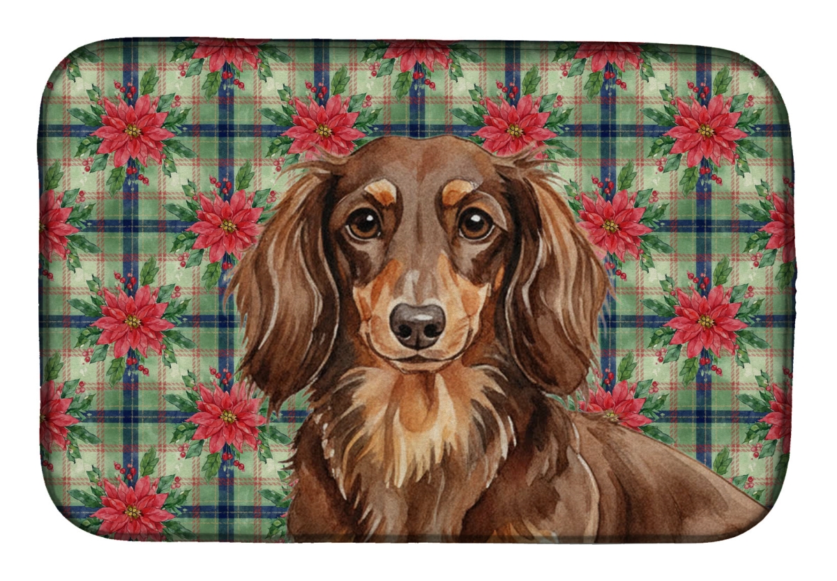 Picture of Carolines Treasures WDK8596DDM Unisex Adult Longhaired Chocolate & Tan Dachshund Christmas Poinsettias Dish Drying Mat - 21 x 14 in.