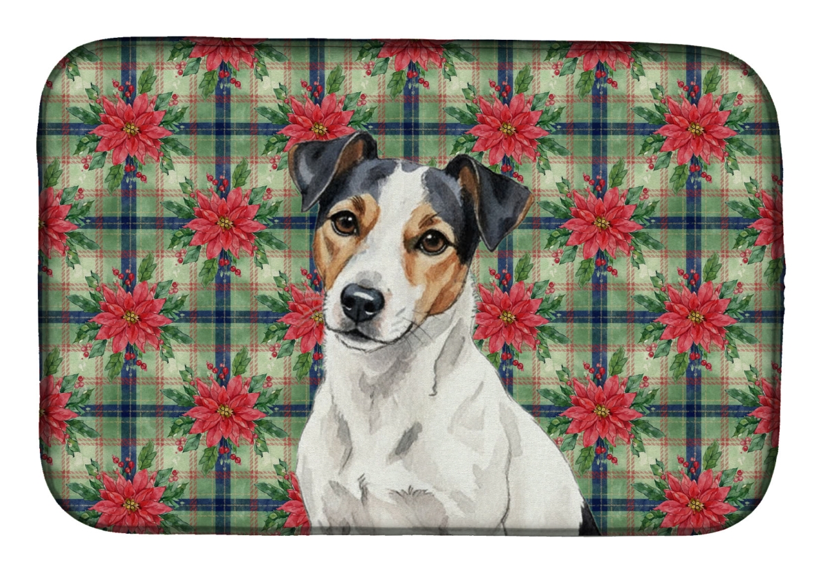 Picture of Carolines Treasures WDK8789DDM Unisex Adult White with Black Markings Russell Terrier Christmas Poinsettias Dish Drying Mat - 21 x 14 in.