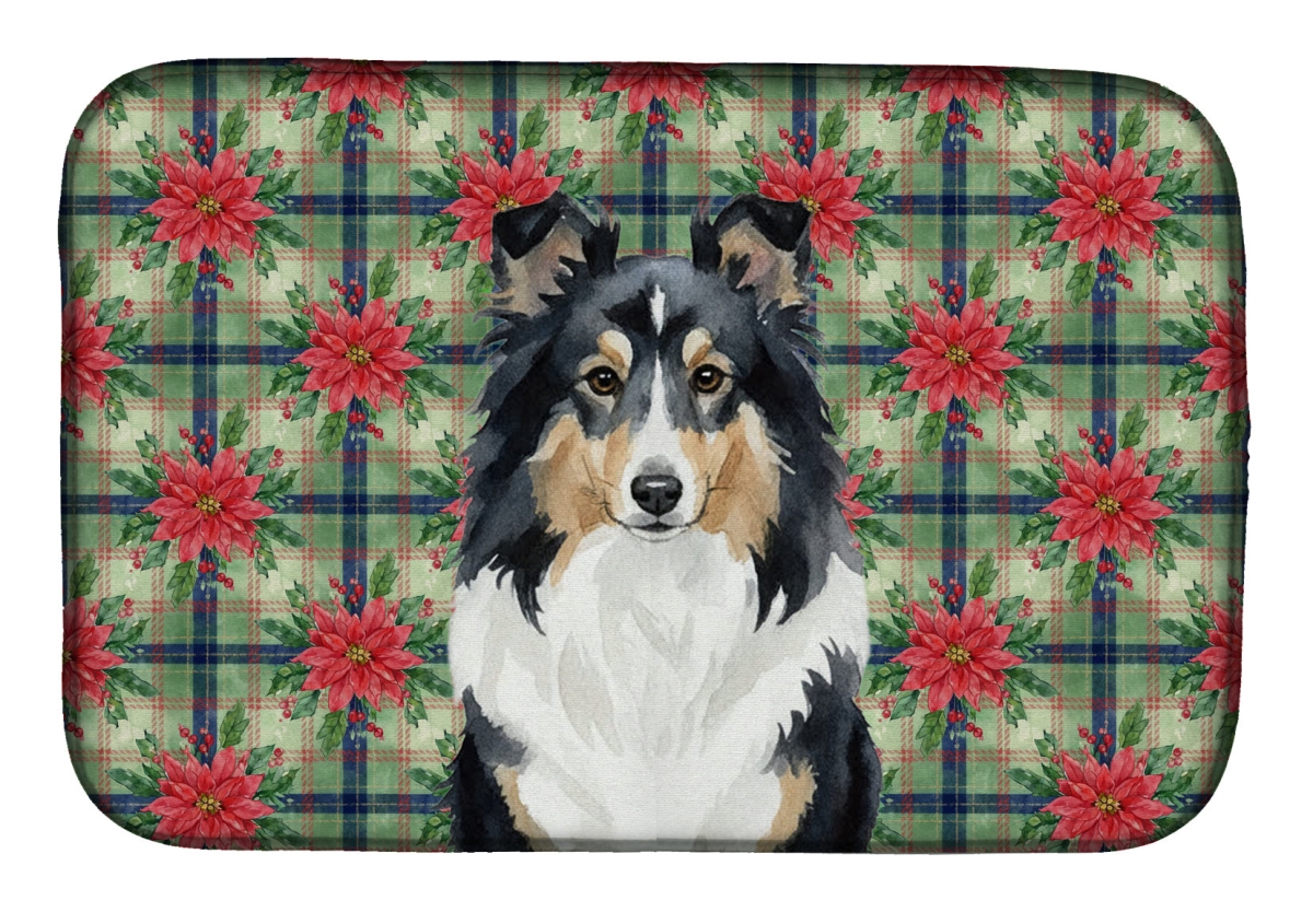 Picture of Carolines Treasures WDK8810DDM Unisex Adult Tricolor Sheltie Christmas Poinsettias Dish Drying Mat - 21 x 14 in.