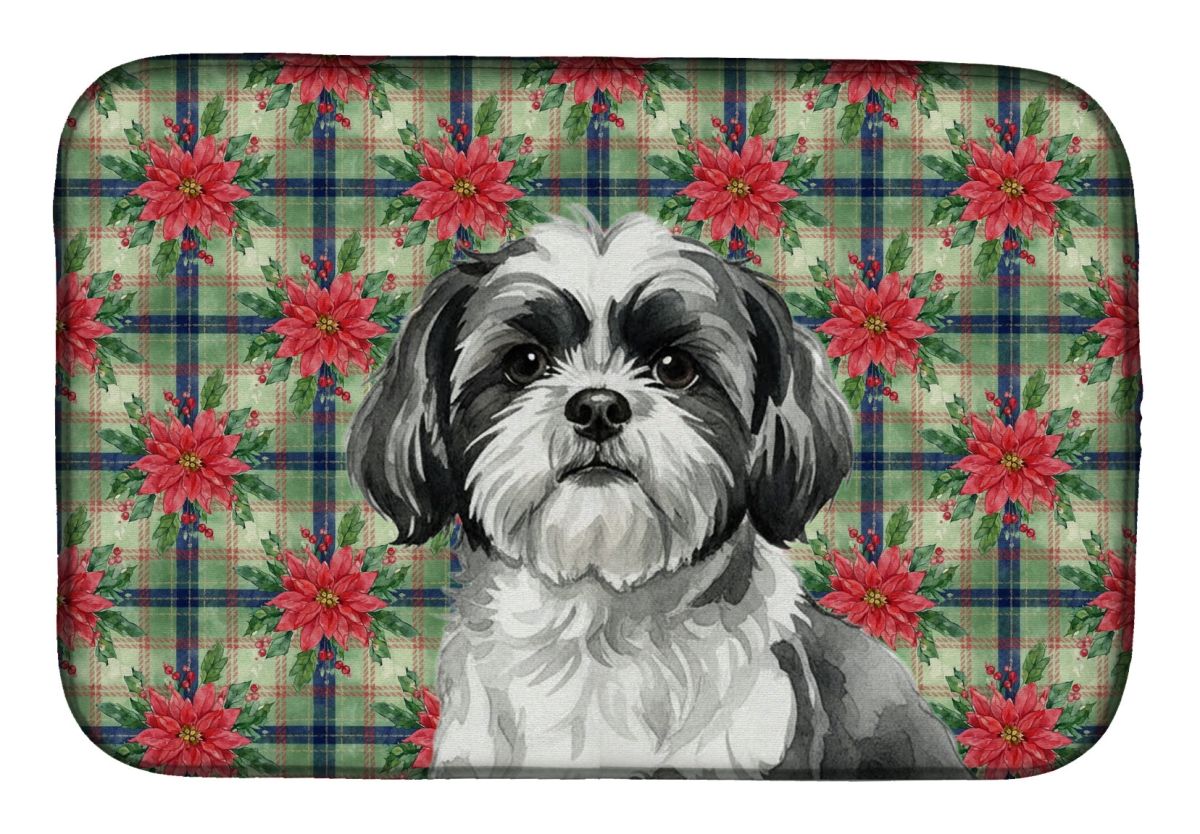 Picture of Carolines Treasures WDK8816DDM Unisex Adult Black & White Shih Tzu Christmas Poinsettias Dish Drying Mat - 21 x 14 in.