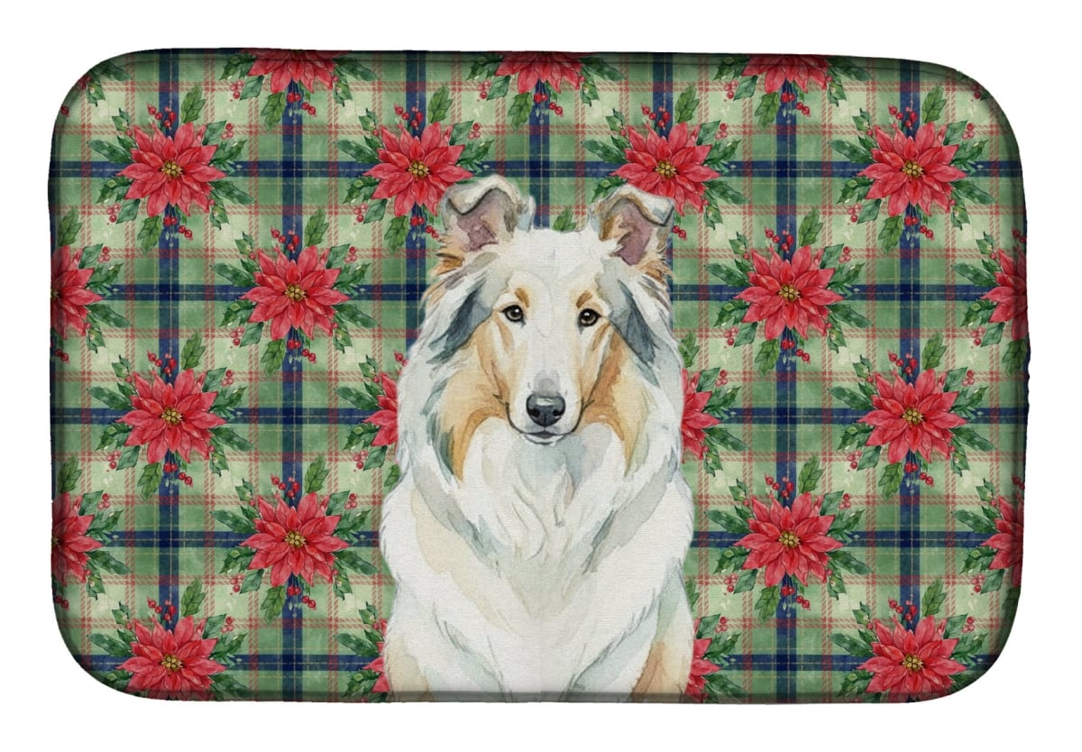 Picture of Carolines Treasures WDK8588DDM Unisex Adult White Collie Christmas Poinsettias Dish Drying Mat - 21 x 14 in.