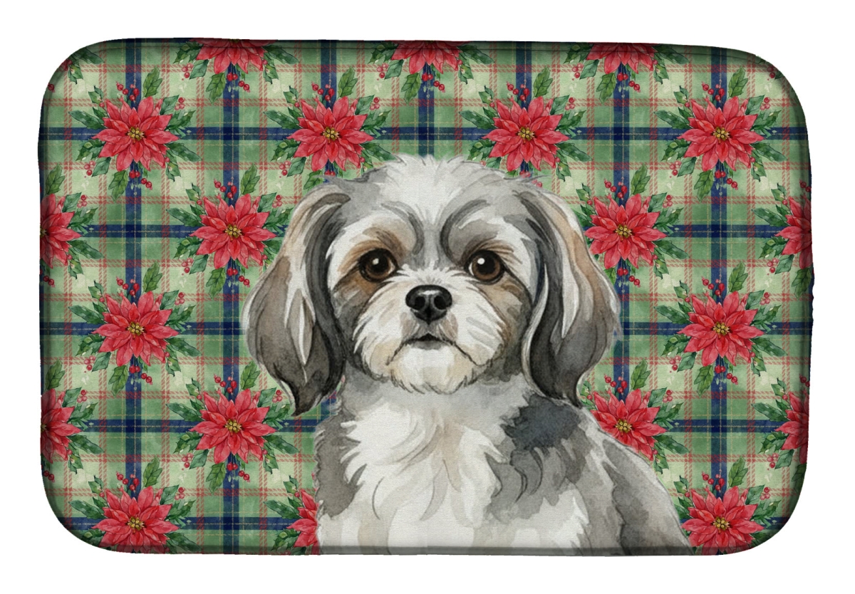 Picture of Carolines Treasures WDK8841DDM Unisex Adult Grey & White Tibetan Spaniel Christmas Poinsettias Dish Drying Mat - 21 x 14 in.