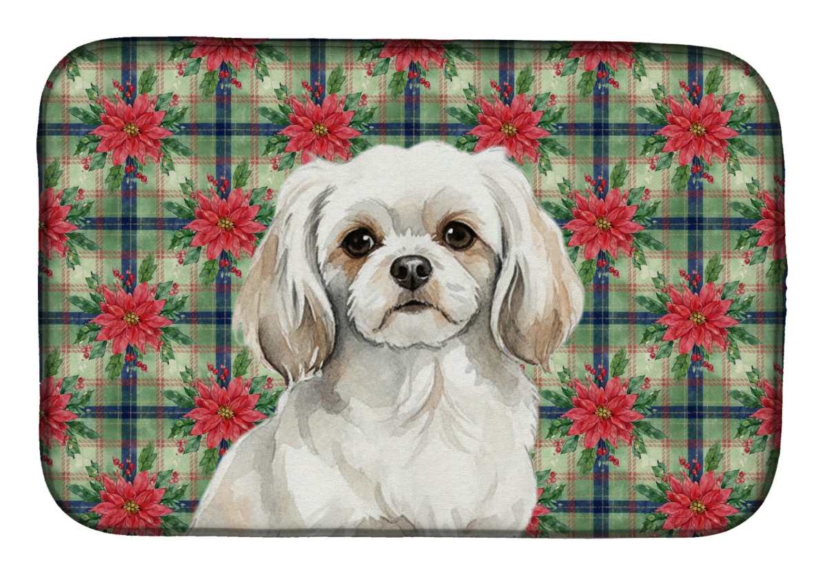 Picture of Carolines Treasures WDK8843DDM Unisex Adult White Tibetan Spaniel Christmas Poinsettias Dish Drying Mat - 21 x 14 in.