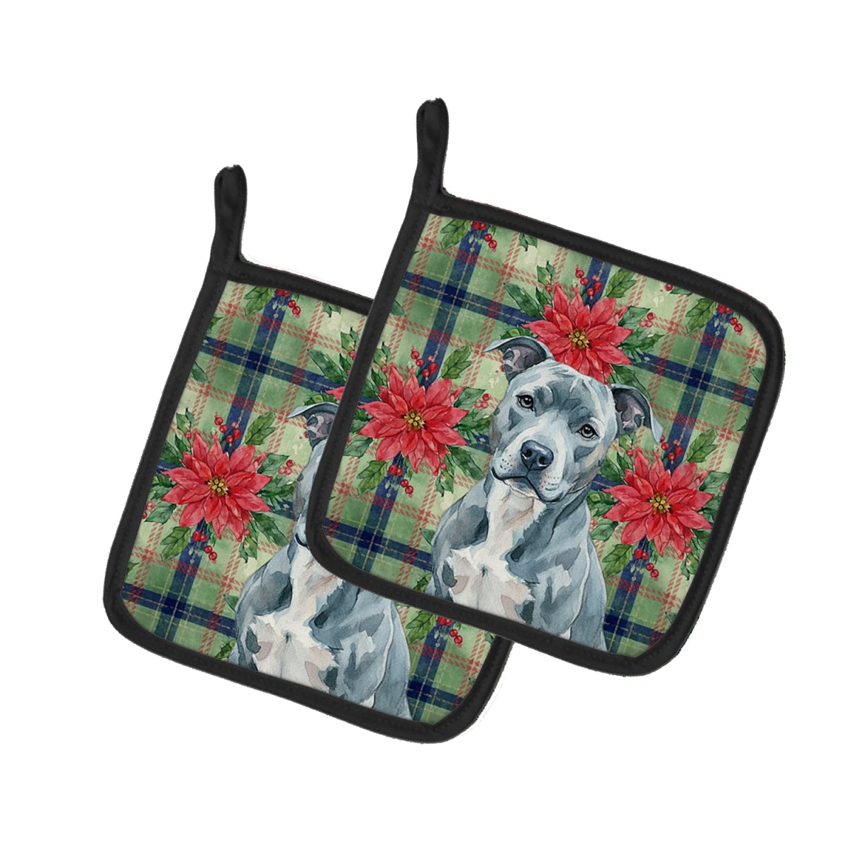 Picture of Carolines Treasures WDK8482PTHD Unisex Adult Blue American Staffordshire Terrier Christmas Poinsettias Pot Holders - 7.5 x 7.5 in. - Set of 2
