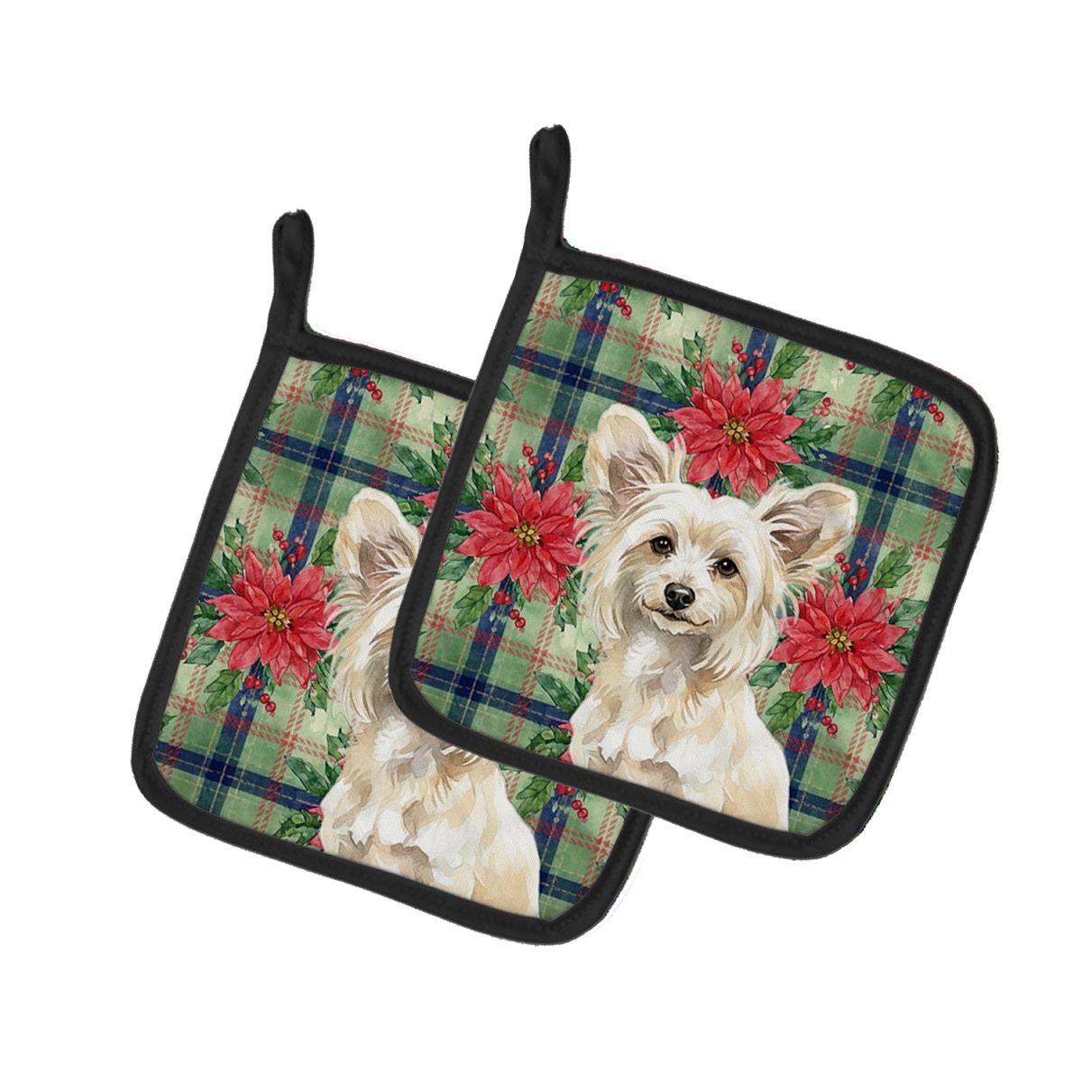 Picture of Carolines Treasures WDK8576PTHD Unisex Adult Powderpuff Chinese Crested Christmas Poinsettias Pot Holders - 7.5 x 7.5 in. - Set of 2