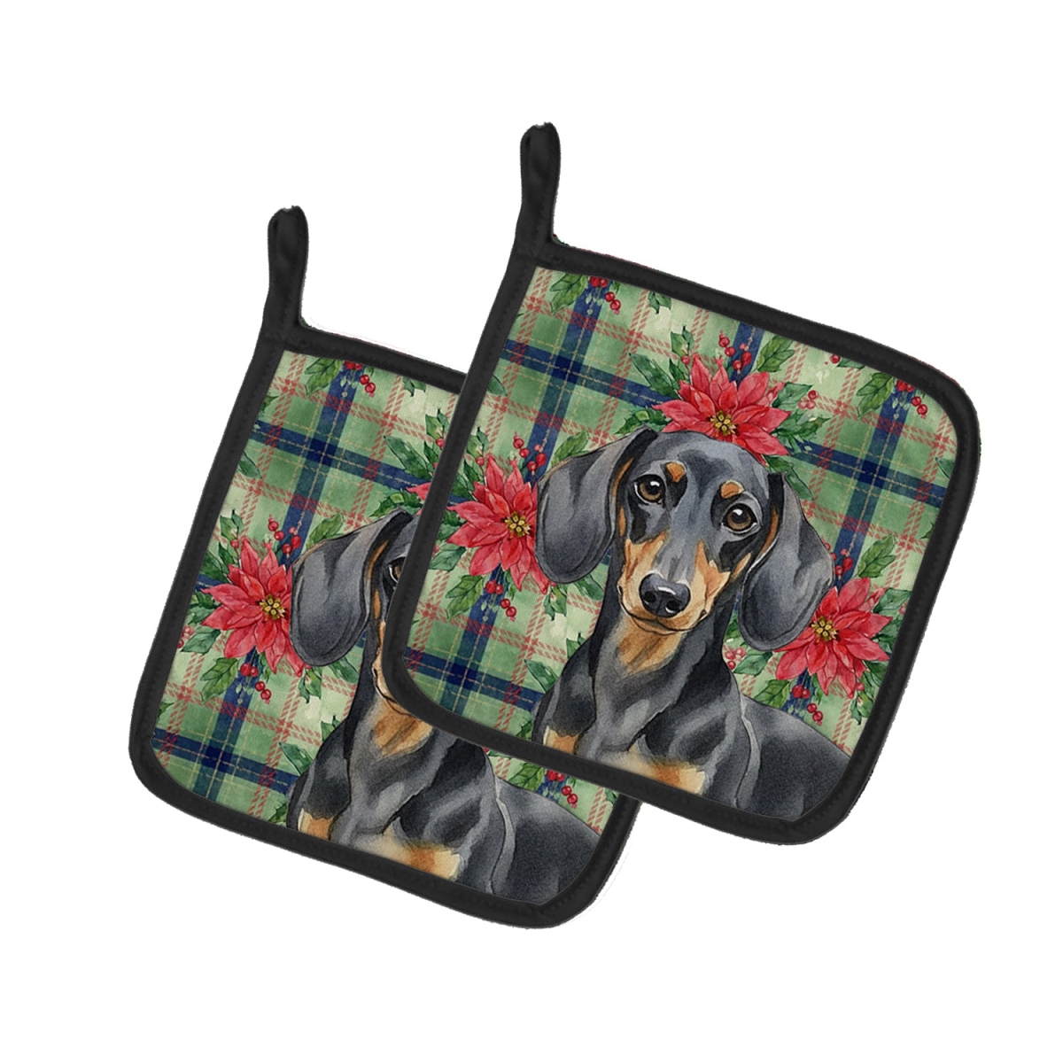 Picture of Carolines Treasures WDK8591PTHD Unisex Adult Black & Tan Dachshund Christmas Poinsettias Pot Holders - 7.5 x 7.5 in. - Set of 2