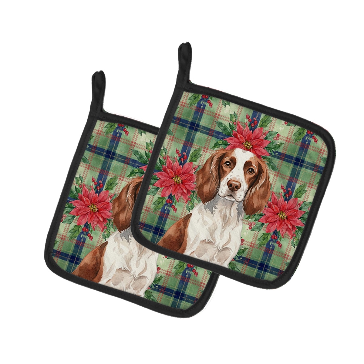 Picture of Carolines Treasures WDK8633PTHD Unisex Adult Liver & White English Springer Spaniel Christmas Poinsettias Pot Holders - 7.5 x 7.5 in. - Set of 2