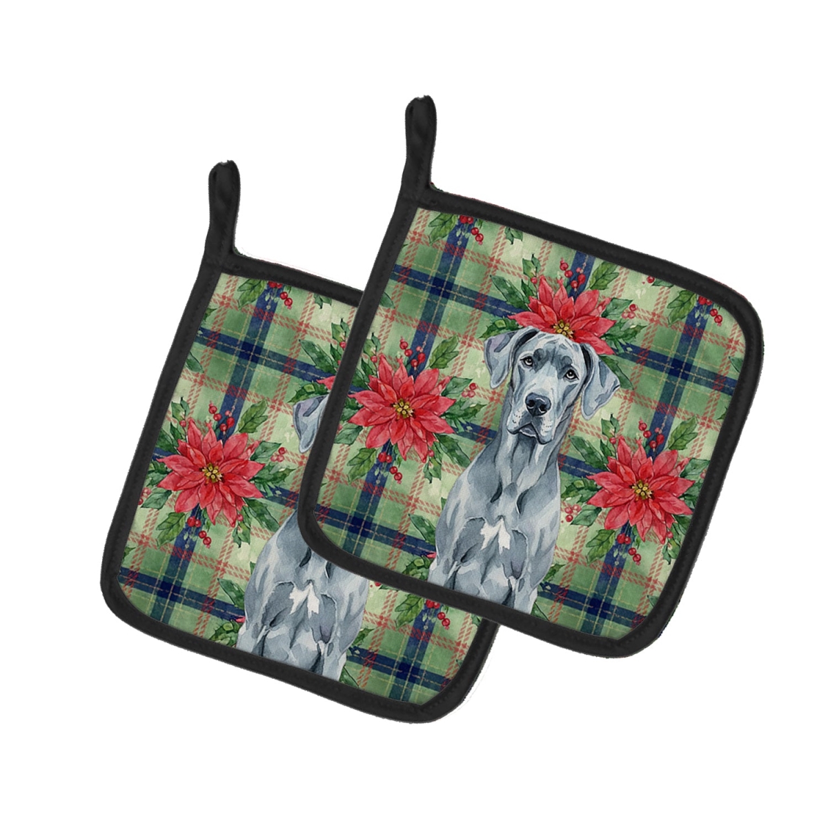 Picture of Carolines Treasures WDK8654PTHD Unisex Adult Blue Great Dane Christmas Poinsettias Pot Holders - 7.5 x 7.5 in. - Set of 2