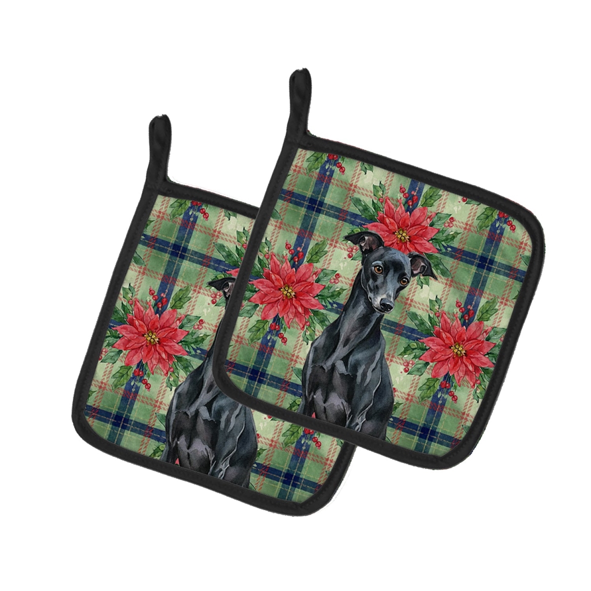 Picture of Carolines Treasures WDK8677PTHD Unisex Adult Black Italian Greyhound Christmas Poinsettias Pot Holders - 7.5 x 7.5 in. - Set of 2