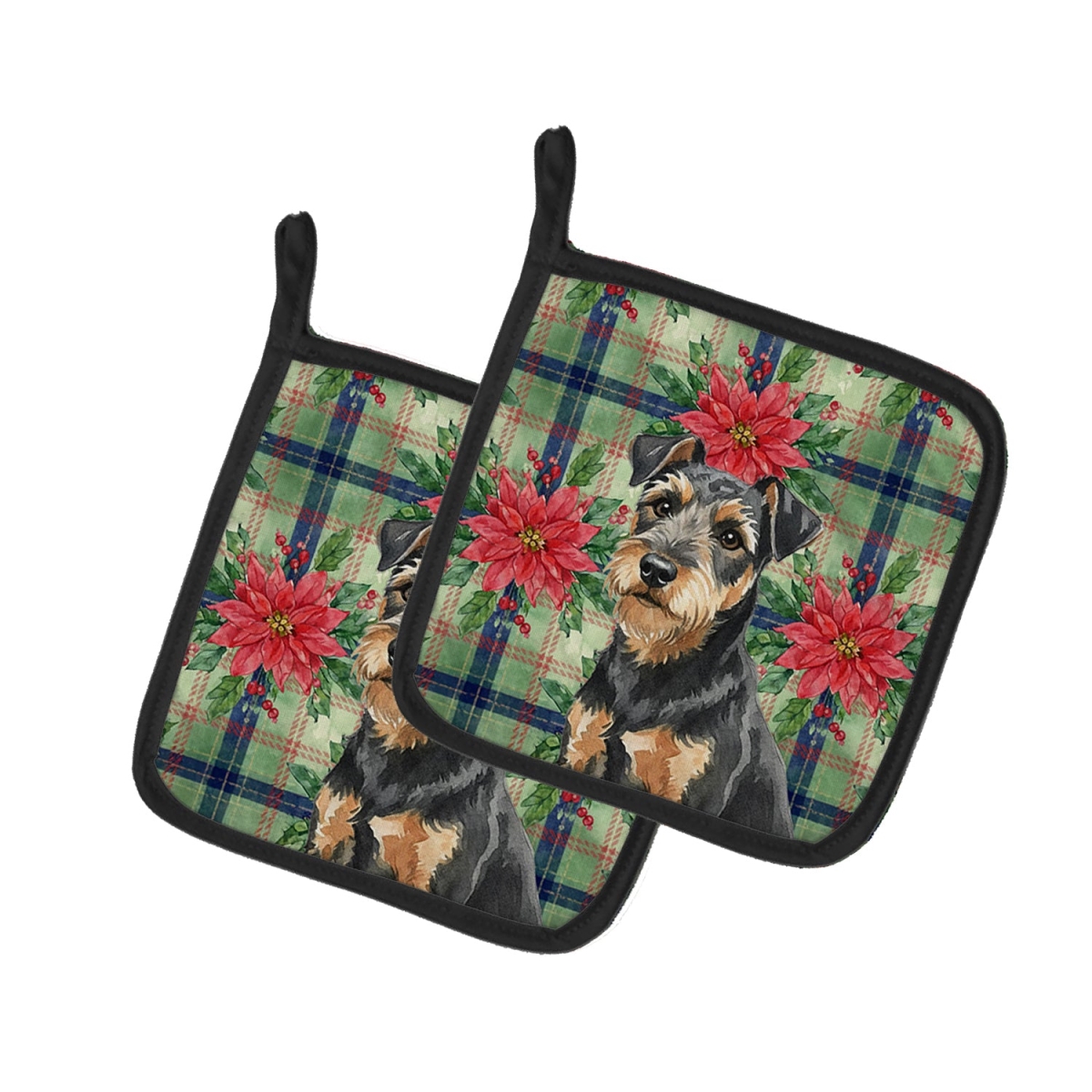 Picture of Carolines Treasures WDK8696PTHD Unisex Adult Black & Tan Lakeland Terrier Christmas Poinsettias Pot Holders - 7.5 x 7.5 in. - Set of 2