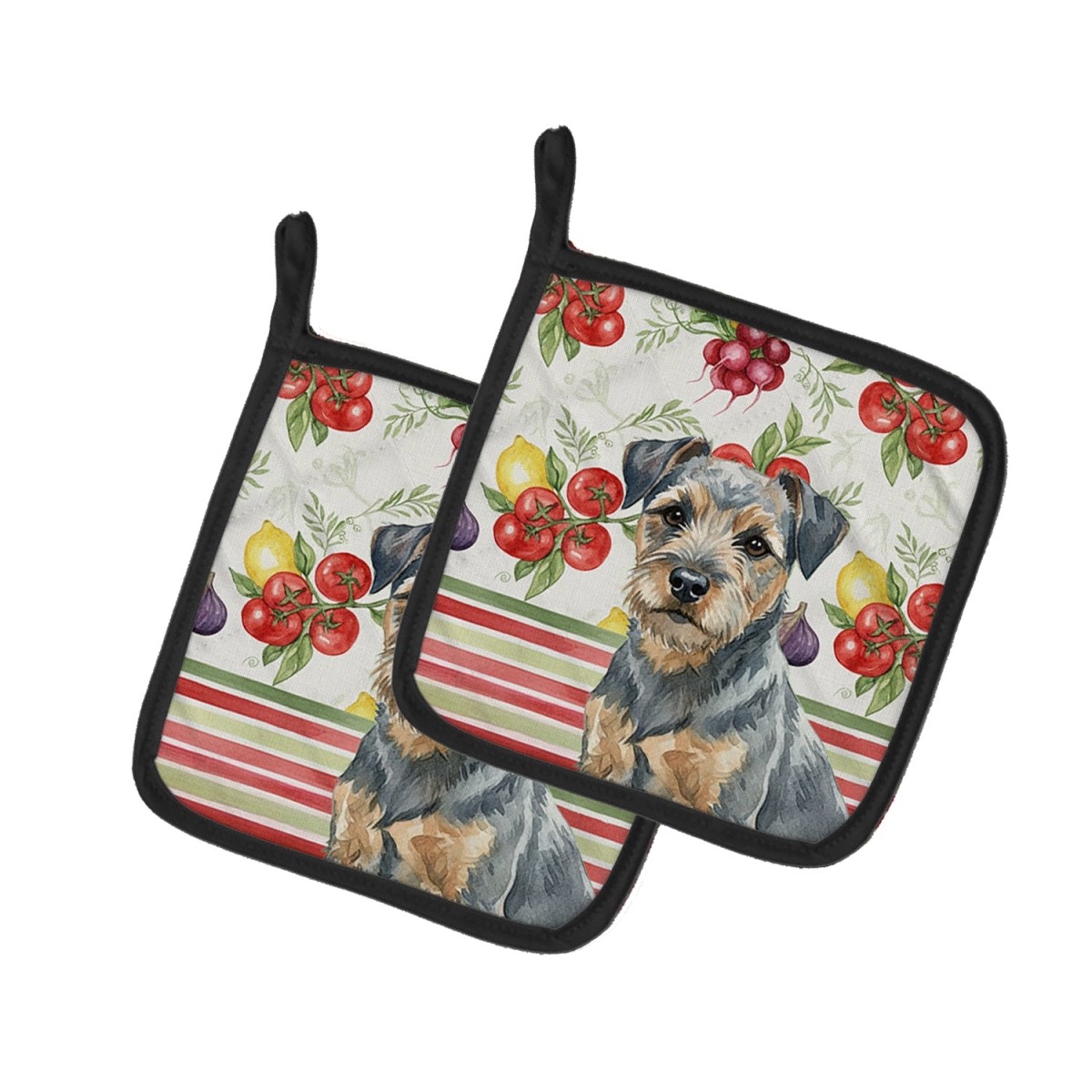 Picture of Carolines Treasures WDK8125PTHD Unisex Adult Blue & Tan Border Terrier Vegetables Pot Holders - 7.5 x 7.5 in. - Set of 2