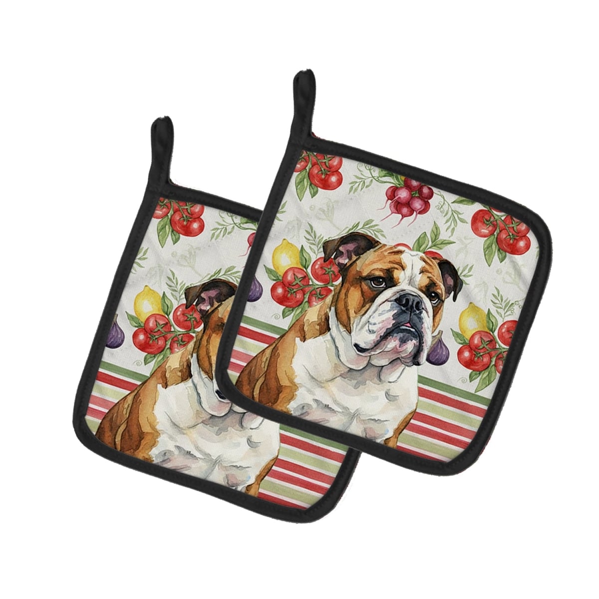 Picture of Carolines Treasures WDK8214PTHD Unisex Adult Brindle & White English Bulldog Vegetables Pot Holders - 7.5 x 7.5 in. - Set of 2
