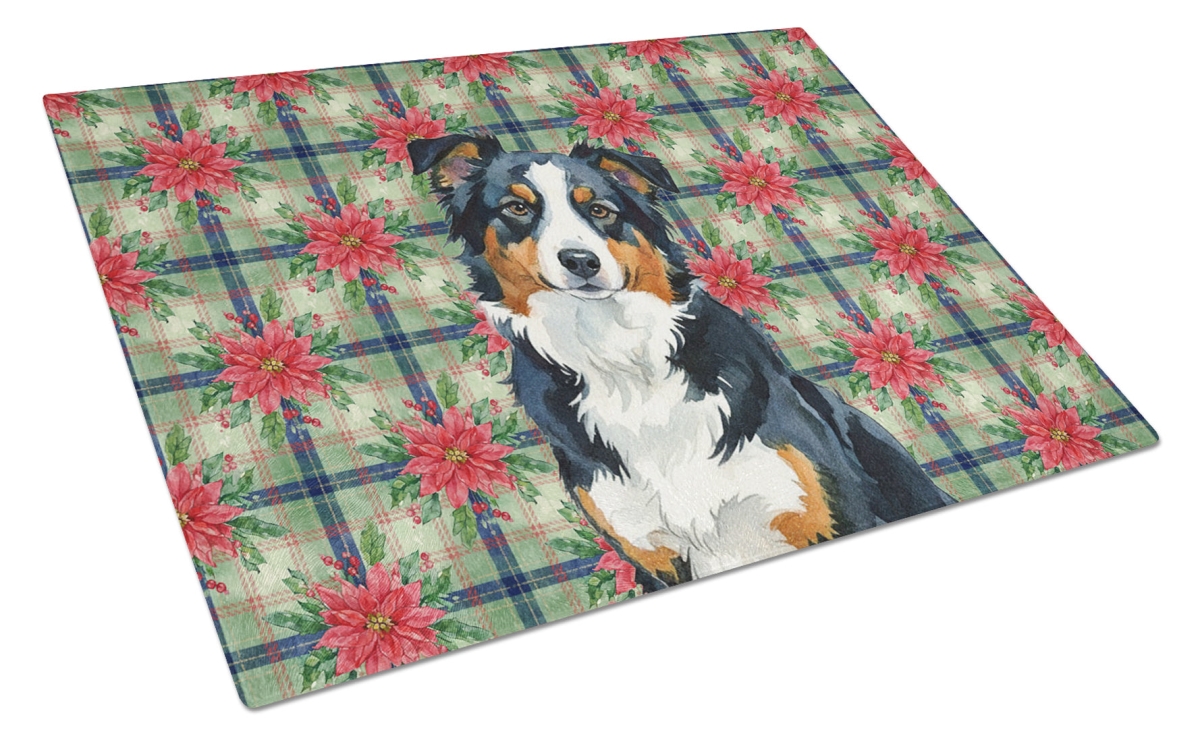Picture of Carolines Treasures WDK8479LCB Unisex Adult Black Tri American Shepherd Christmas Poinsettias Glass Cutting Board - 15 x 12 in.