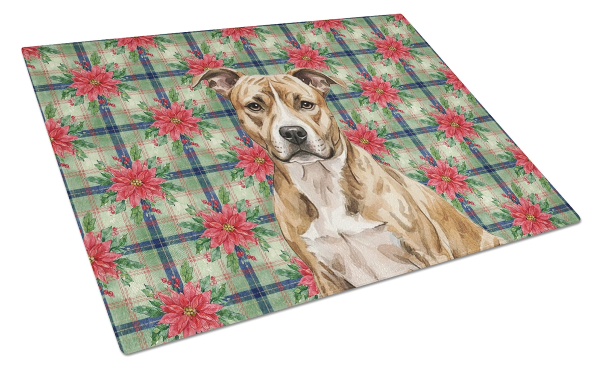 Picture of Carolines Treasures WDK8483LCB Unisex Adult Brindle American Staffordshire Terrier Christmas Poinsettias Glass Cutting Board - 15 x 12 in.