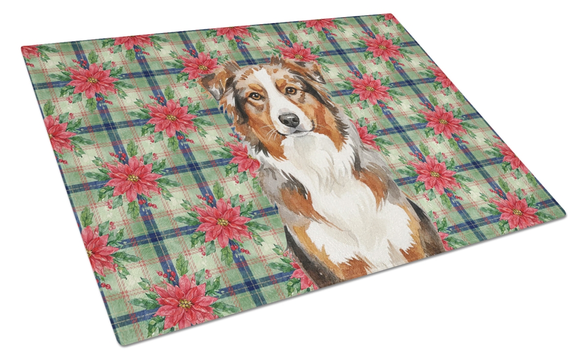 Picture of Carolines Treasures WDK8491LCB Unisex Adult Red Merle Australian Shepherd Christmas Poinsettias Glass Cutting Board - 15 x 12 in.