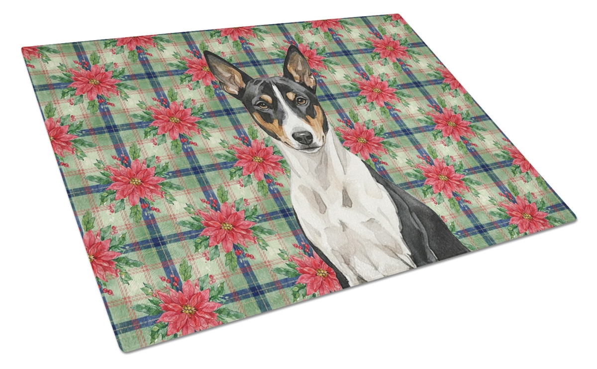 Picture of Carolines Treasures WDK8492LCB Unisex Adult Black & White Basenji Christmas Poinsettias Glass Cutting Board - 15 x 12 in.