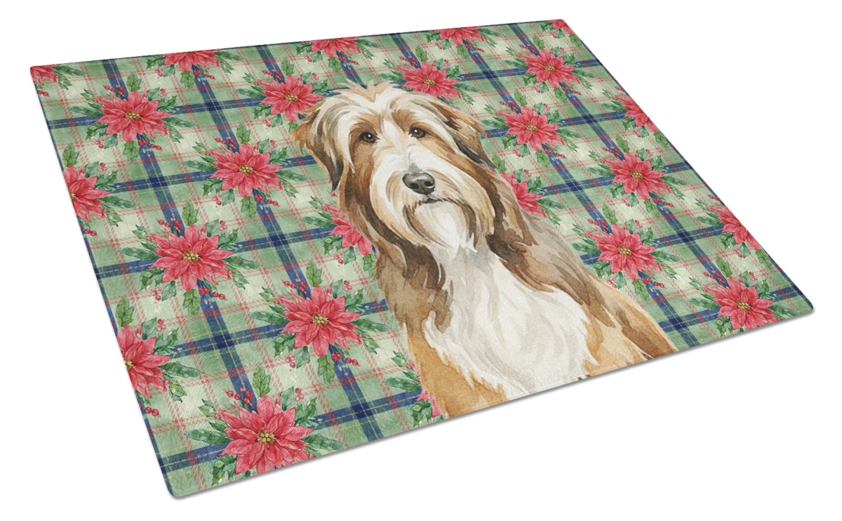 Picture of Carolines Treasures WDK8502LCB Unisex Adult Brown Bearded Collie Christmas Poinsettias Glass Cutting Board - 15 x 12 in.