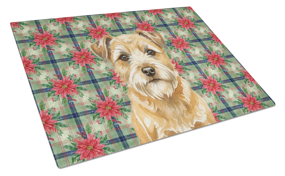 Picture of Carolines Treasures WDK8528LCB Unisex Adult Wheaten Border Terrier Christmas Poinsettias Glass Cutting Board - 15 x 12 in.