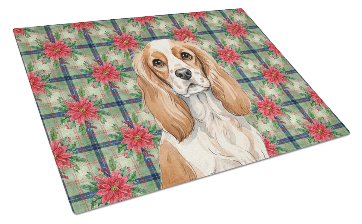 Picture of Carolines Treasures WDK8563LCB Unisex Adult Blenheim Cavalier Spaniel Christmas Poinsettias Glass Cutting Board - 15 x 12 in.