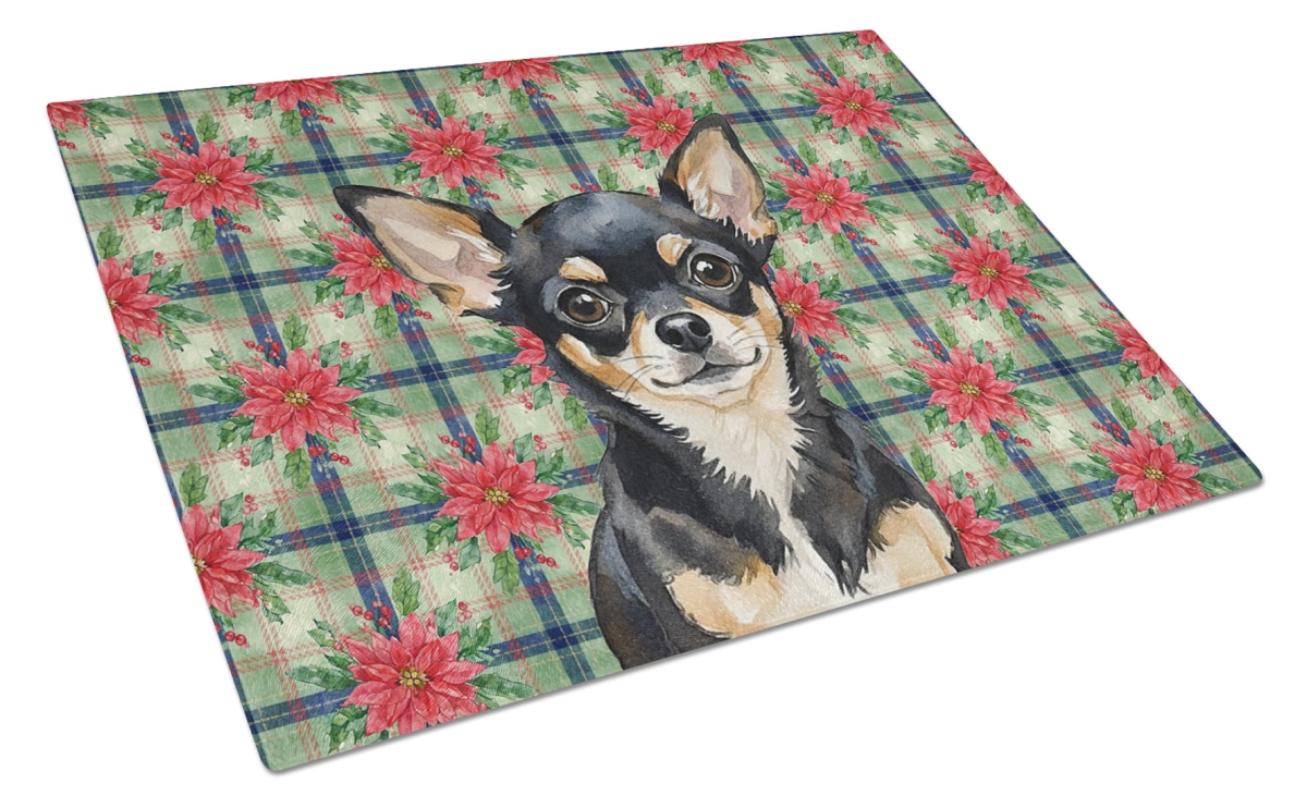 Picture of Carolines Treasures WDK8569LCB Unisex Adult Black & Tan Chihuahua Christmas Poinsettias Glass Cutting Board - 15 x 12 in.