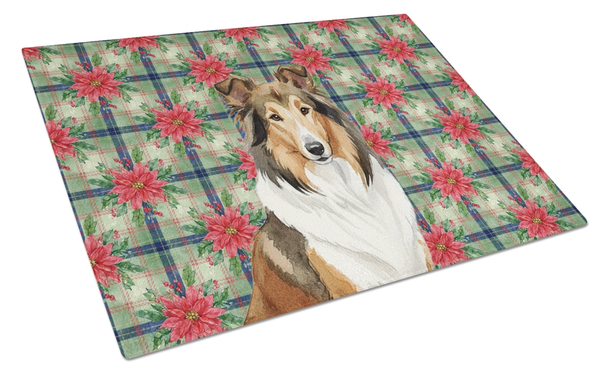 Picture of Carolines Treasures WDK8586LCB Unisex Adult Sable Collie Christmas Poinsettias Glass Cutting Board - 15 x 12 in.