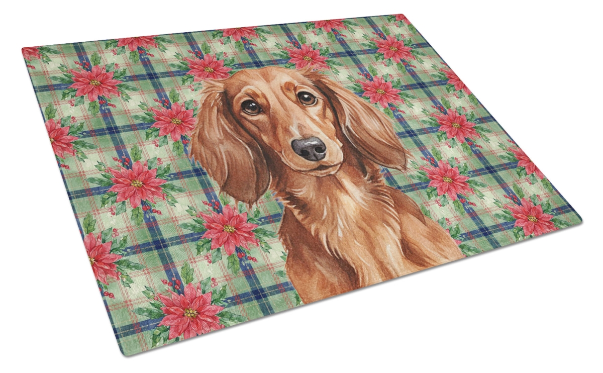 Picture of Carolines Treasures WDK8599LCB Unisex Adult Longhaired Red Dachshund Christmas Poinsettias Glass Cutting Board - 15 x 12 in.