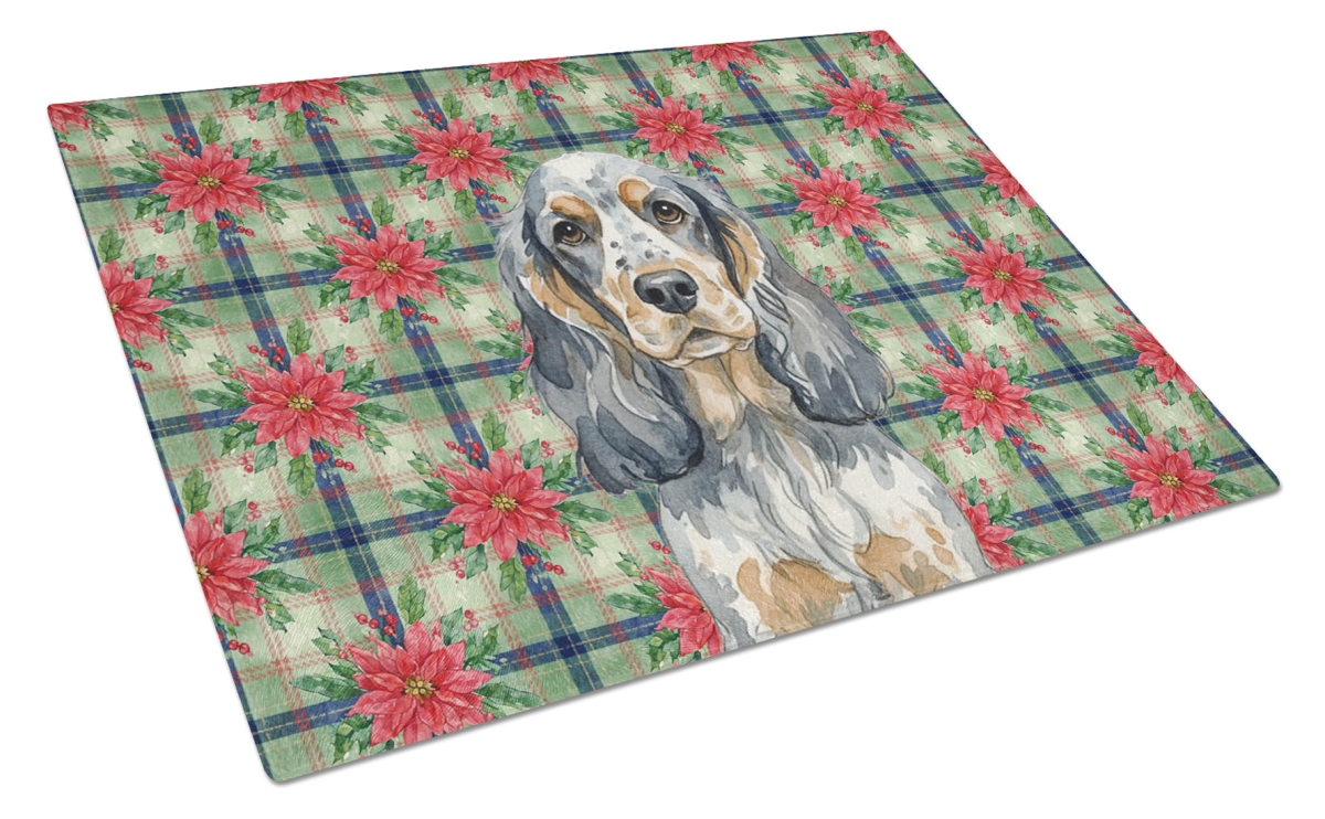 Picture of Carolines Treasures WDK8617LCB Unisex Adult Blue Roan & Tan English Cocker Spaniel Christmas Poinsettias Glass Cutting Board - 15 x 12 in.