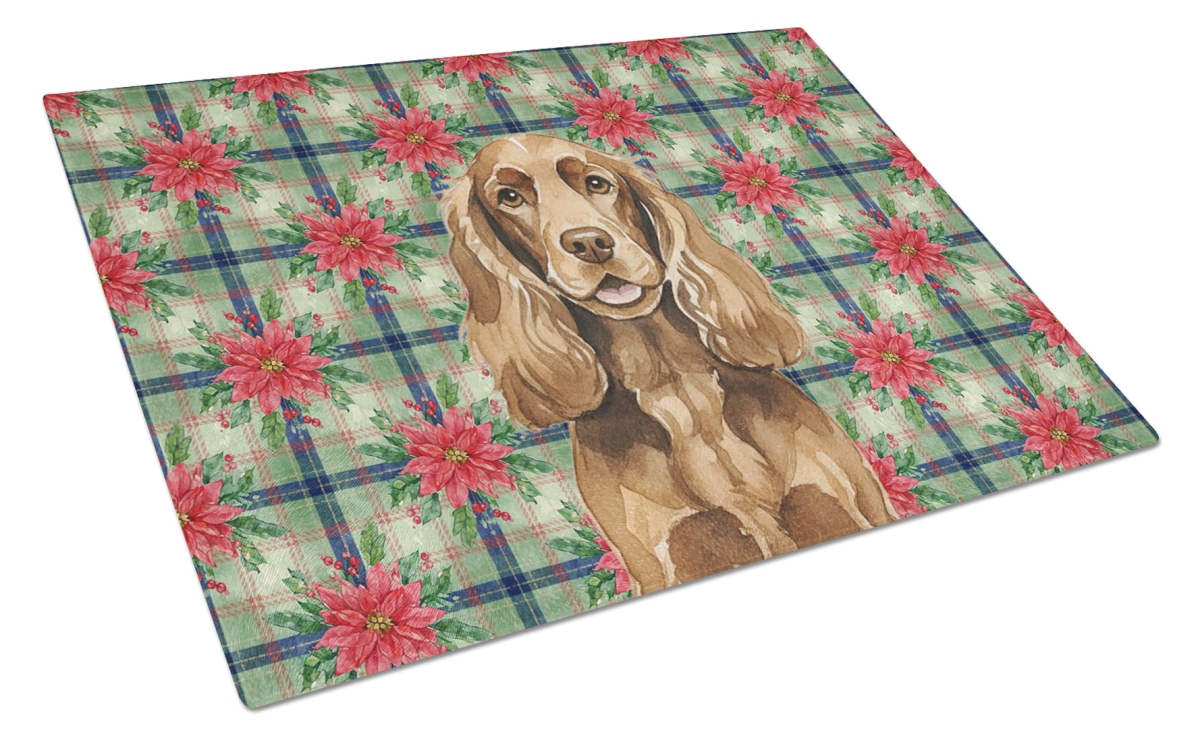 Picture of Carolines Treasures WDK8620LCB Unisex Adult Liver English Cocker Spaniel Christmas Poinsettias Glass Cutting Board - 15 x 12 in.
