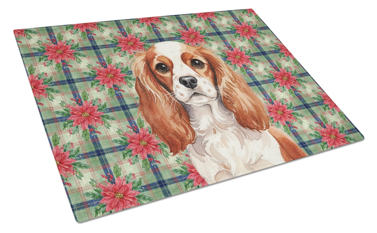 Picture of Carolines Treasures WDK8635LCB Unisex Adult Blenheim English Toy Spaniel Christmas Poinsettias Glass Cutting Board - 15 x 12 in.