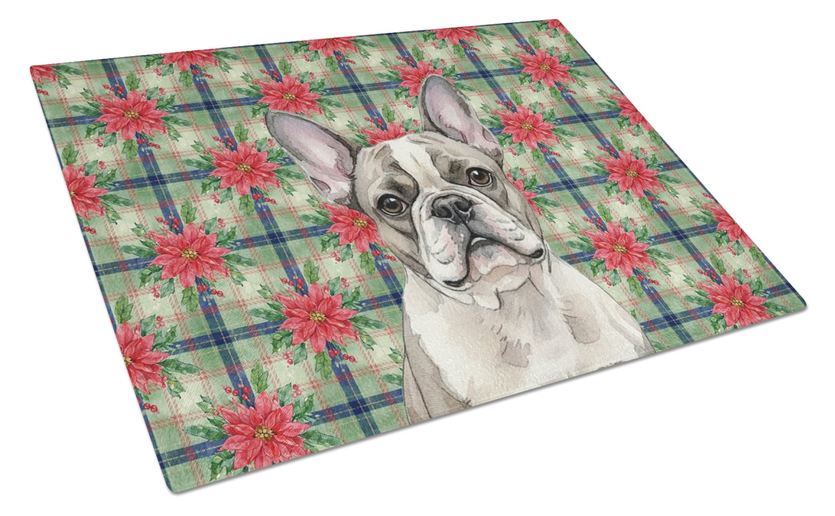 Picture of Carolines Treasures WDK8641LCB Unisex Adult Pied French Bulldog Christmas Poinsettias Glass Cutting Board - 15 x 12 in.