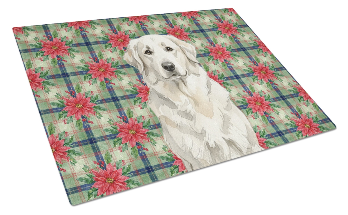 Picture of Carolines Treasures WDK8658LCB Unisex Adult White Great Pyrenees Christmas Poinsettias Glass Cutting Board - 15 x 12 in.